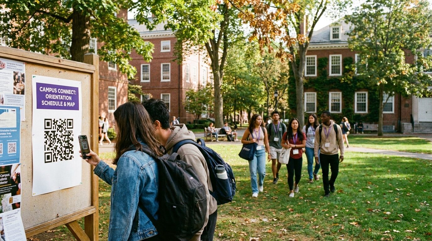 College students scanning a QR code checkpoint on a campus quad during an orientation scavenger hunt