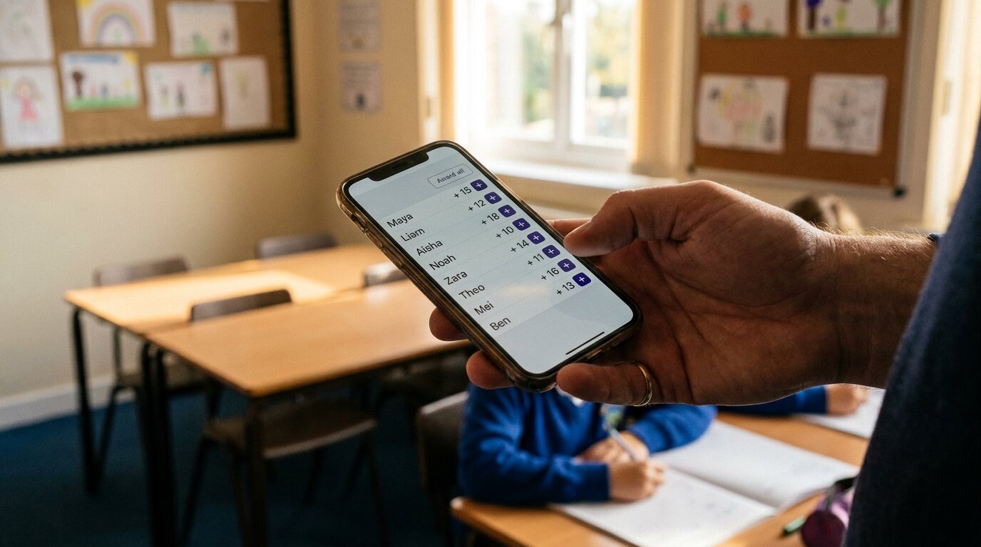 Teacher's hand holding a phone showing a classroom-leaderboard admin interface with student names and "+" buttons, a soft-focus classroom in the background