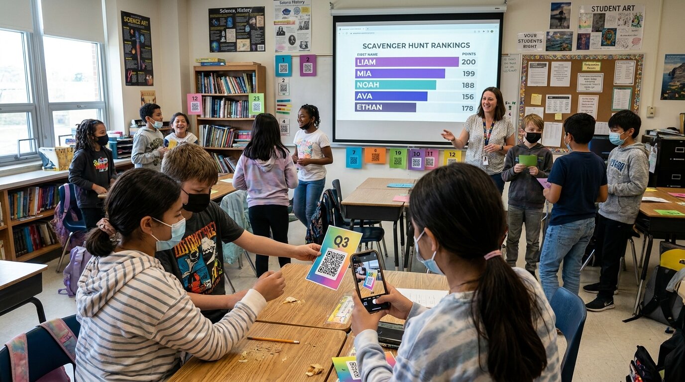 Students scanning a QR task card during a classroom scavenger hunt, with a live leaderboard on the projector