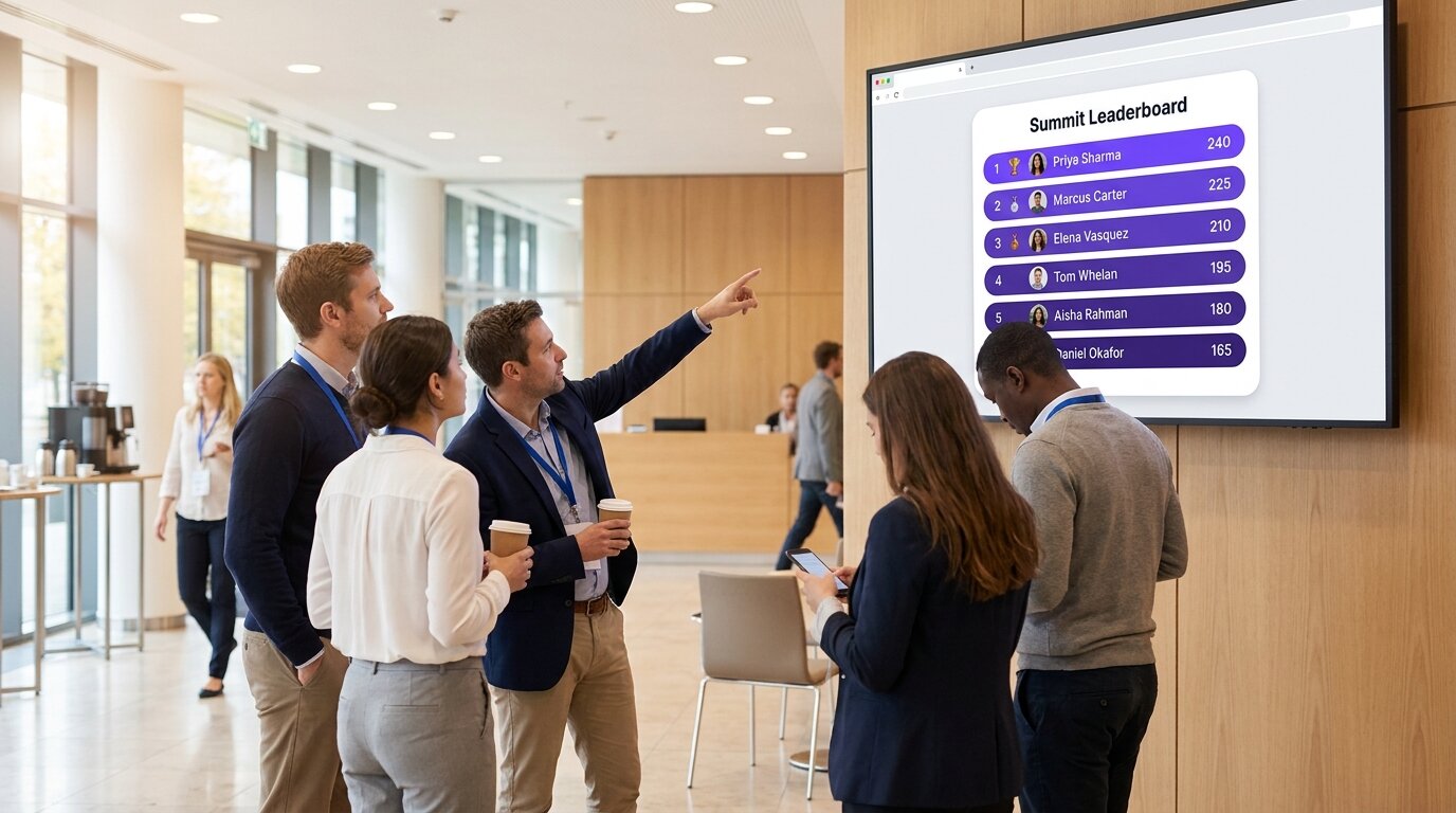 Delegates checking a live conference leaderboard on a screen in the venue foyer during a session break