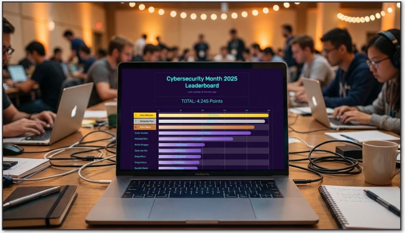 Cybersecurity Month 2025 leaderboard displayed on a screen, showing a bar chart with participant rankings and point totals