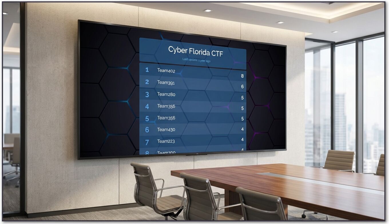 Cyber Florida CTF leaderboard showing 9 teams ranked by score in a clean table layout