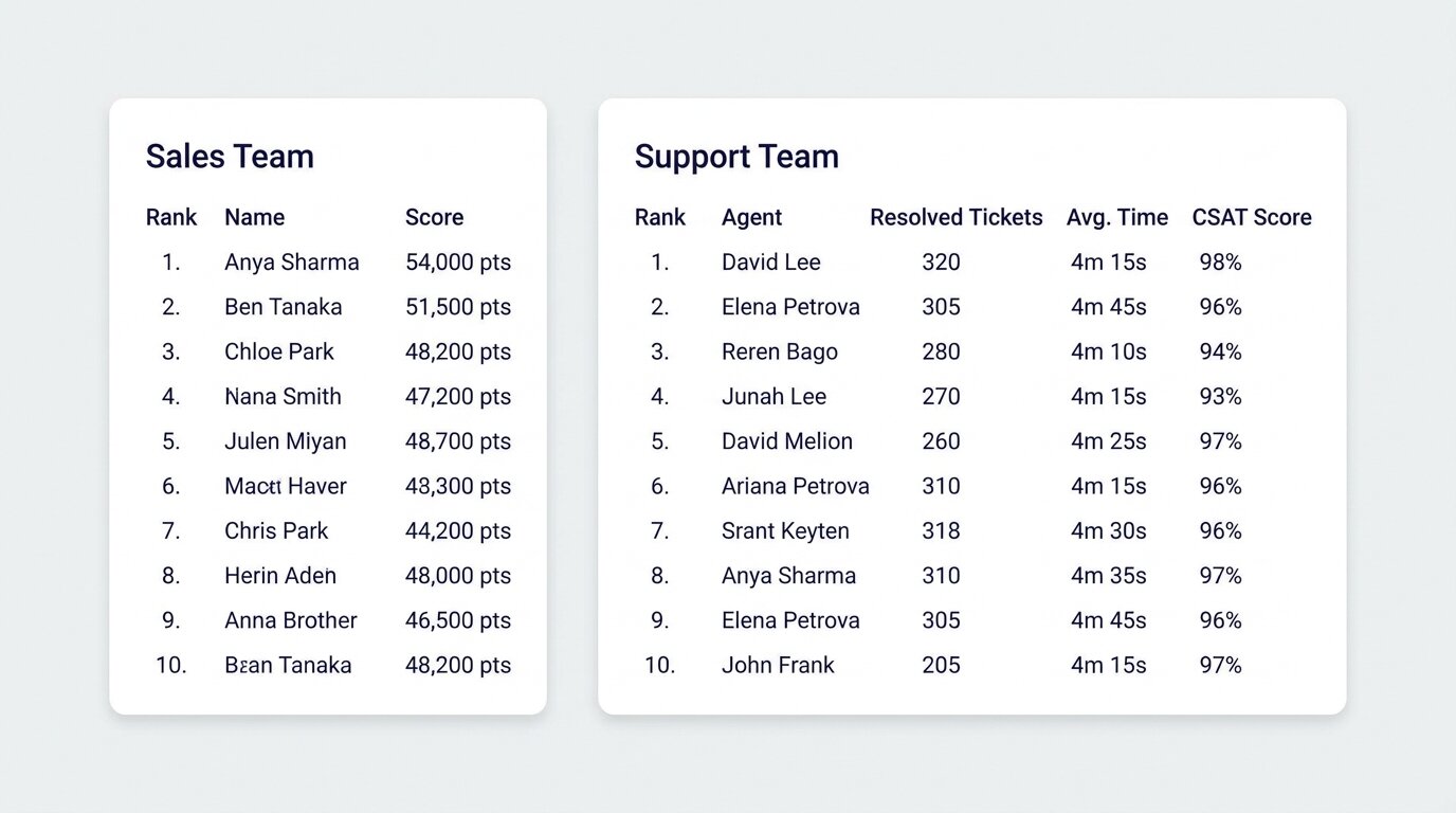 Side-by-side comparison of a sales leaderboard and a multi-metric support team leaderboard