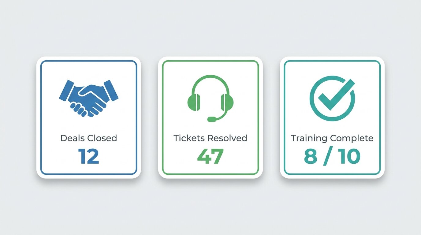 Performance metric cards showing deals closed, tickets resolved, and training completion