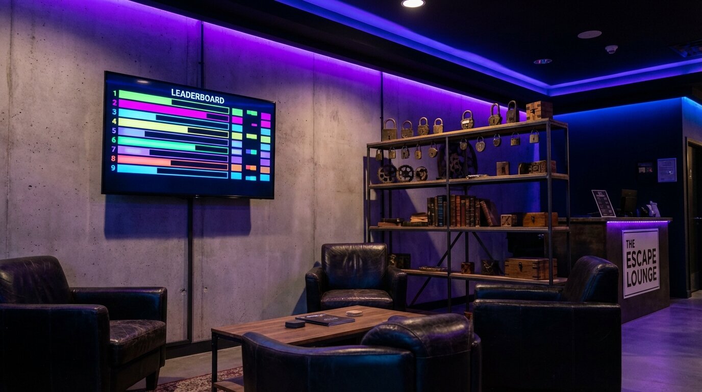 Create an escape room leaderboard to display team completion times in your lobby and on your website. Track records, build excitement, and boost repeat visits.