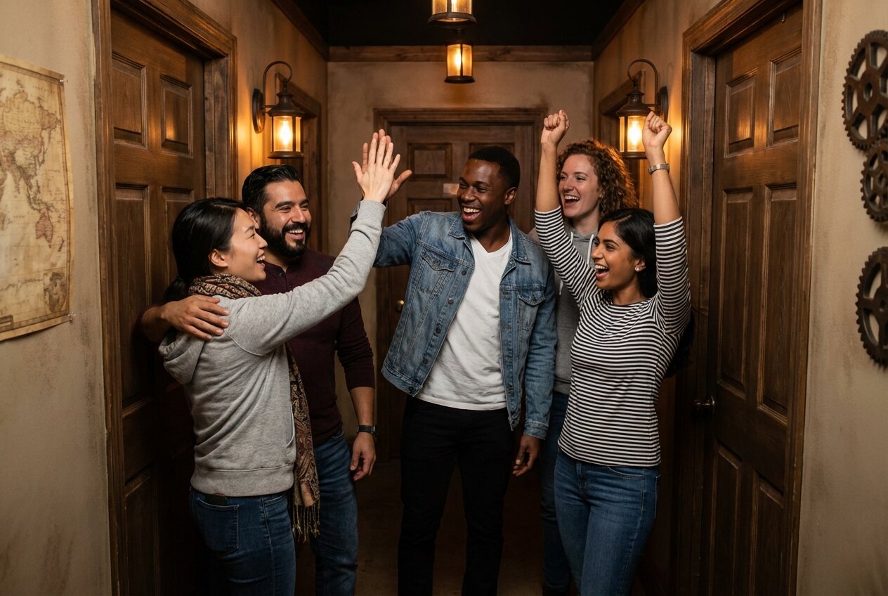 Team celebrating escape room completion