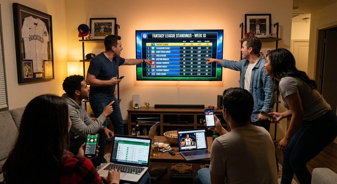 Friends watching fantasy sports league standings on TV