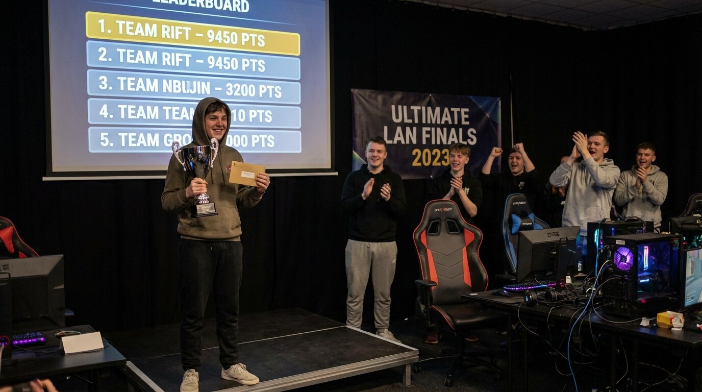 Gaming tournament prize ceremony with final standings leaderboard
