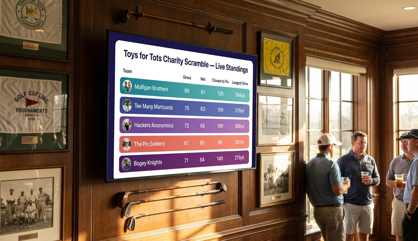 Live golf scramble leaderboard showing team standings, closest to pin, and longest drive