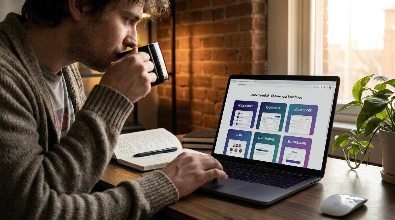 Person at a wooden desk setting up an online leaderboard on a laptop showing the choose-board-type screen
