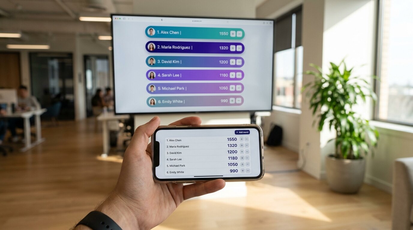 A hand holding a smartphone updating scores in the Leaderboarded admin interface while a wall-mounted TV in the background shows the live leaderboard reflecting the same data in real time