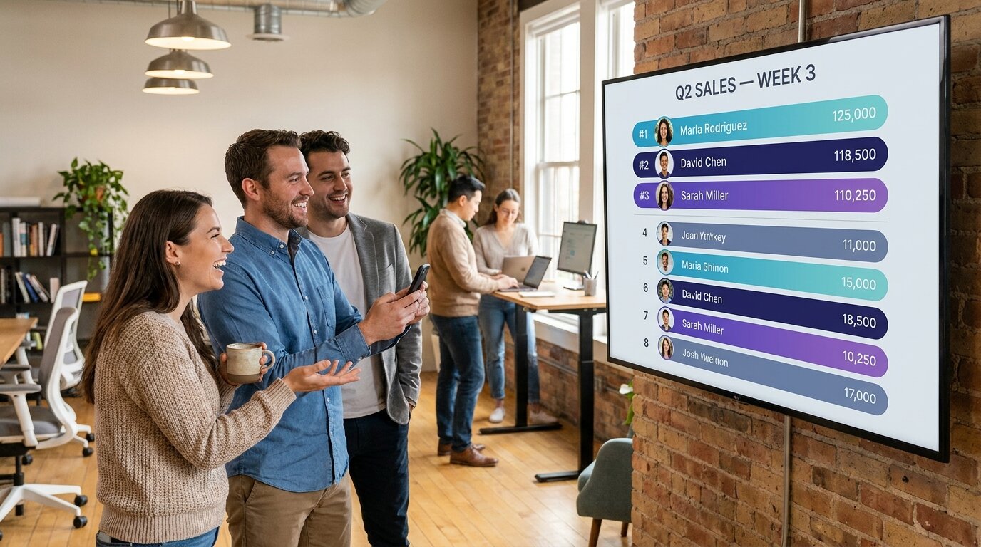 A small office team standing in front of a wall-mounted TV displaying a live monthly sales leaderboard, one team member gesturing at the screen