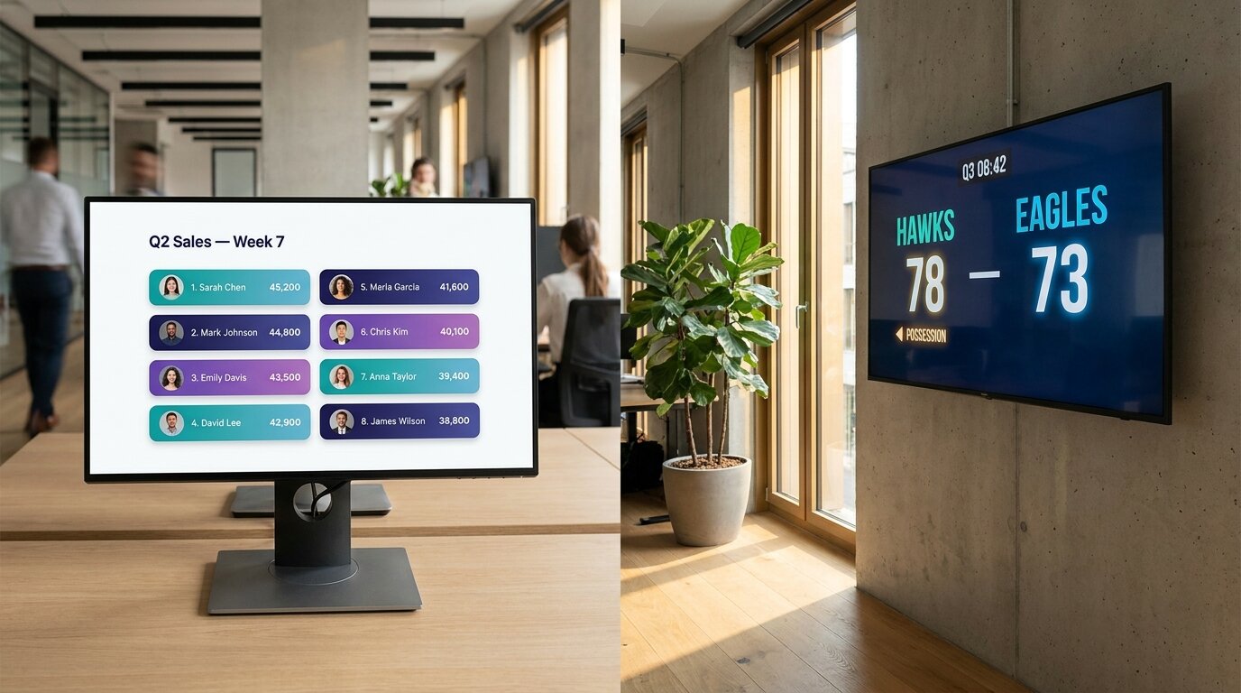 Side-by-side view of a leaderboard on a desk monitor and a sports scoreboard on a wall-mounted TV in the same office