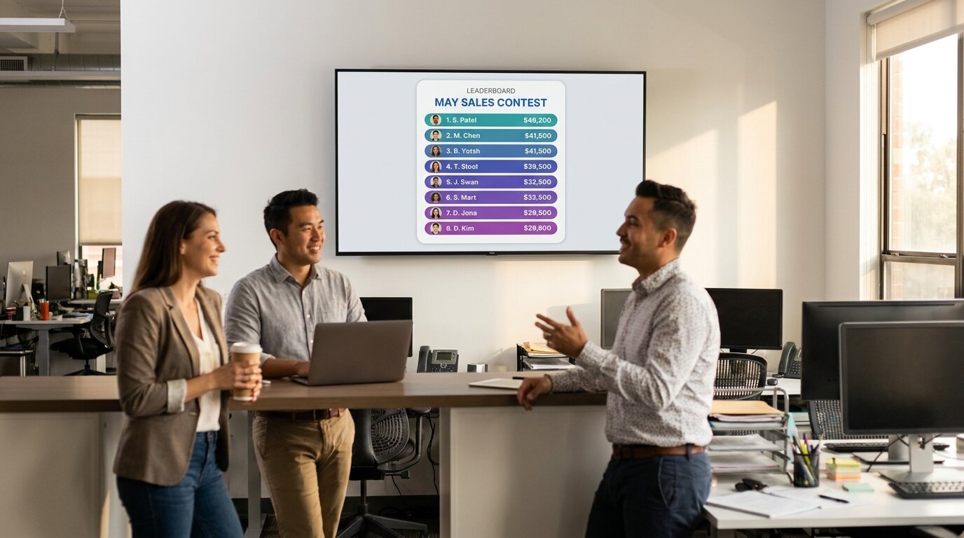 Sales team in an open-plan office glancing at a wall-mounted TV displaying a leaderboard of cumulative monthly sales totals across the team