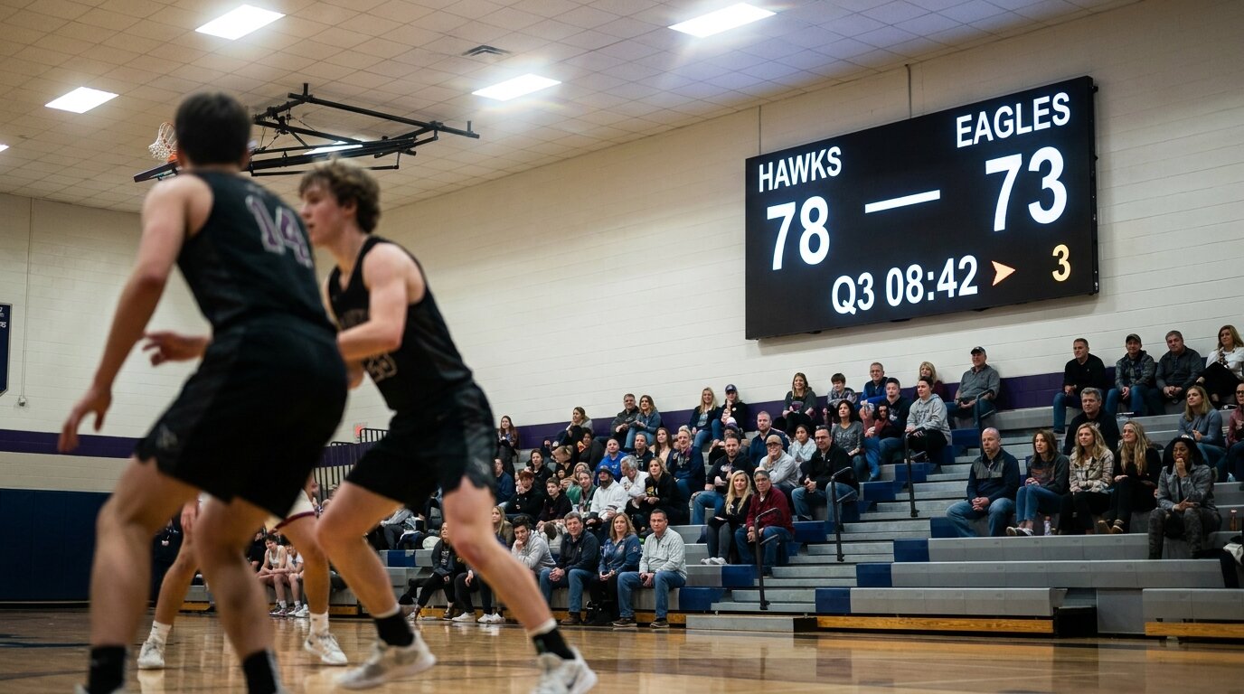 High-school basketball game in progress with a wall-mounted LED scoreboard showing the live two-team score and game clock