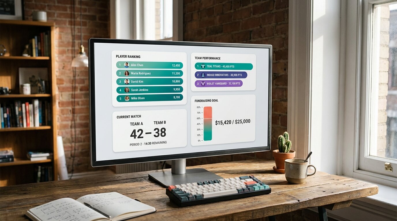 Monitor showing a 2x2 grid of four different board types — leaderboard, team board, sport scoreboard, and fundraising thermometer