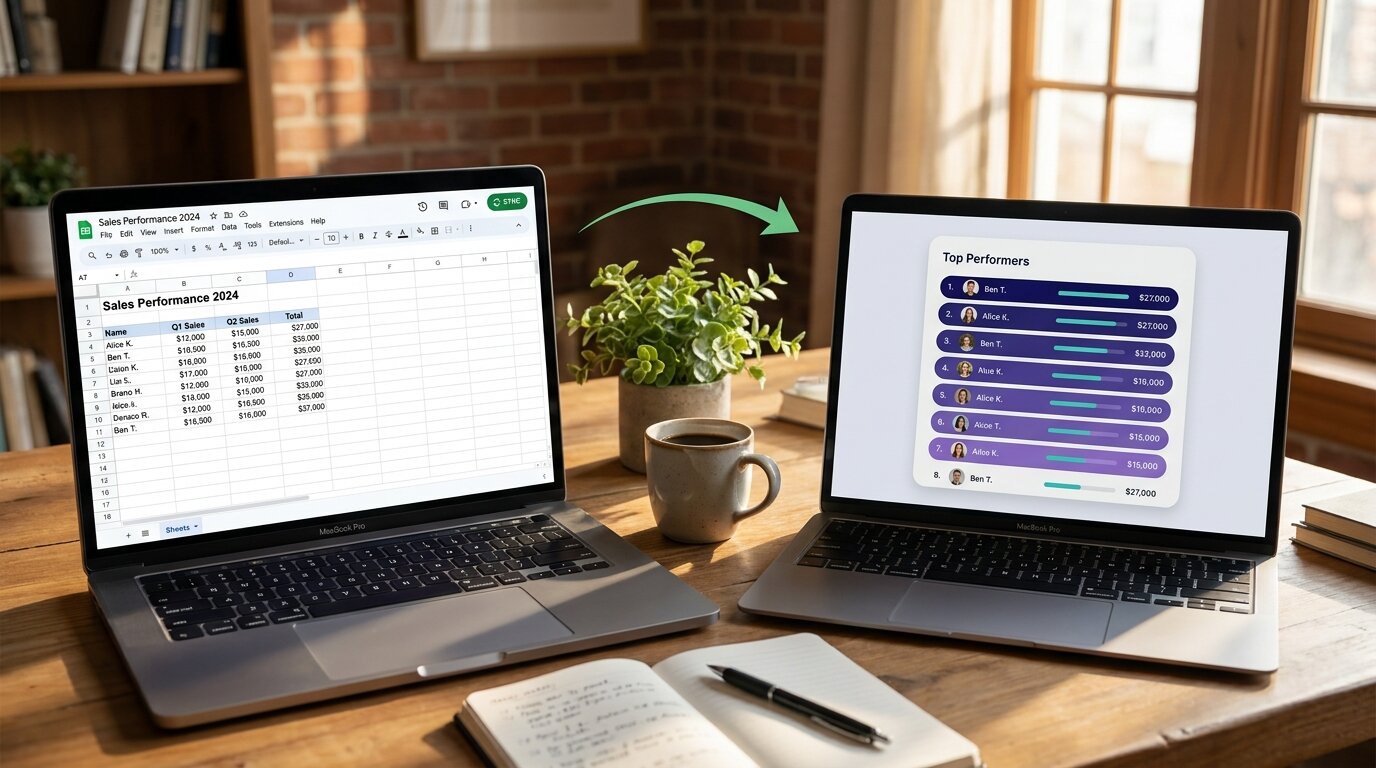 Two laptops side by side on a desk showing a Google Sheet and a leaderboard reflecting the same data, with a sync indicator between them