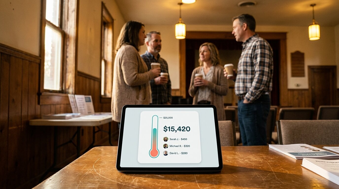 Tablet on a wooden table in a community hall displaying a fundraising thermometer at 60 percent toward a $25,000 goal