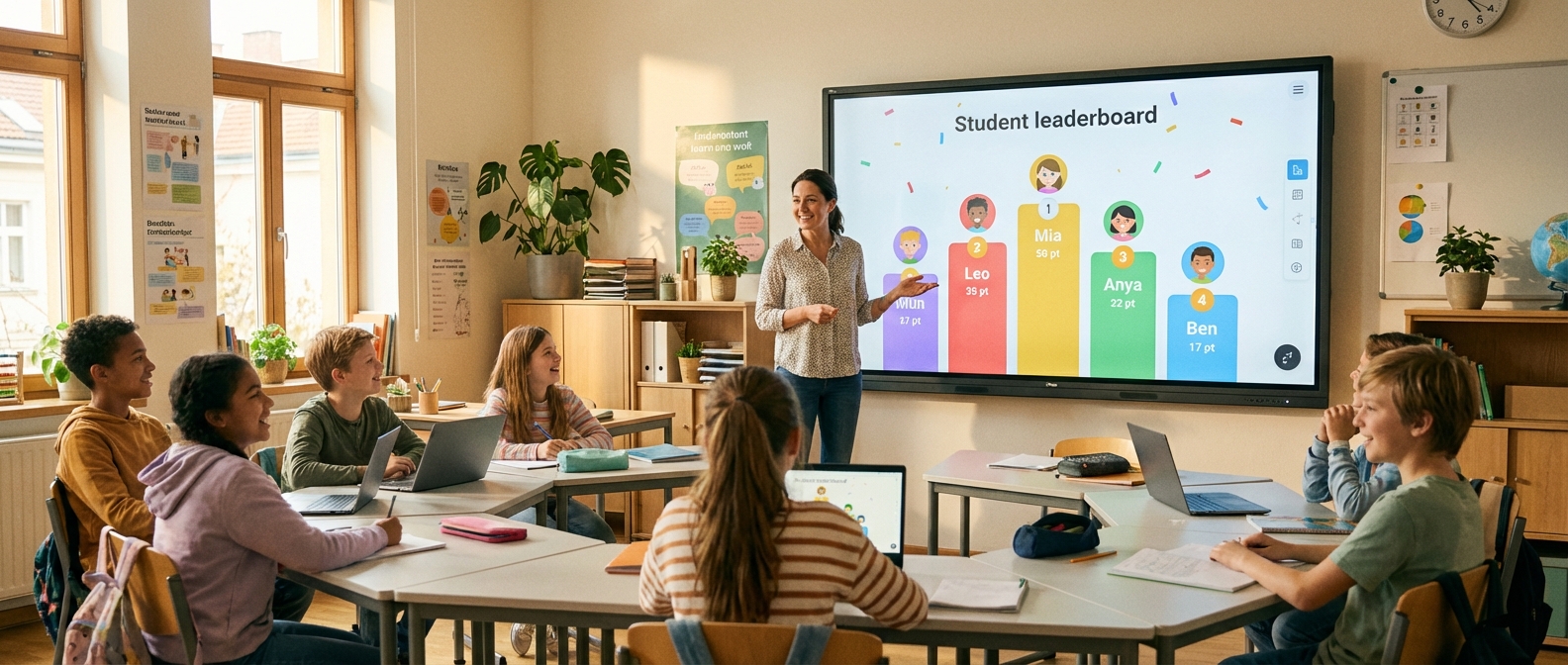 Teacher using a student leaderboard on a classroom smartboard