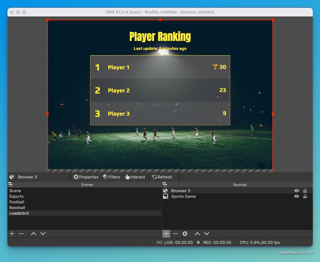 OBS leaderboard repositioned in scene