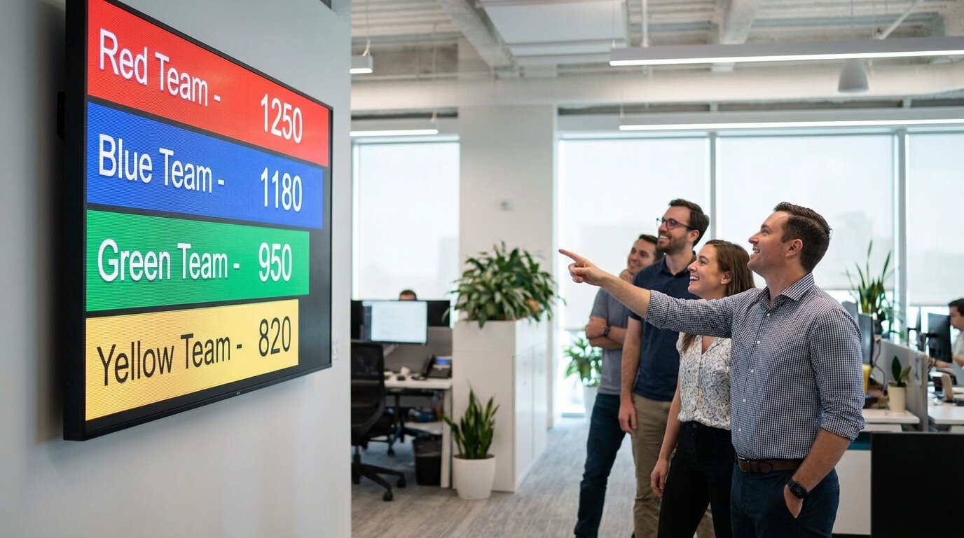Colleagues checking the live team leaderboard on the office TV after an event