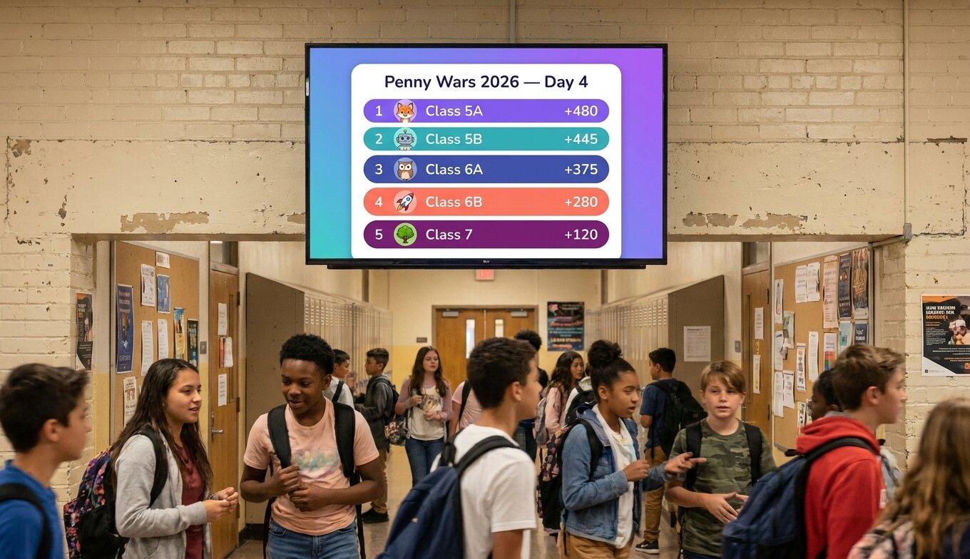 Live leaderboard showing class standings during a Penny Wars fundraiser
