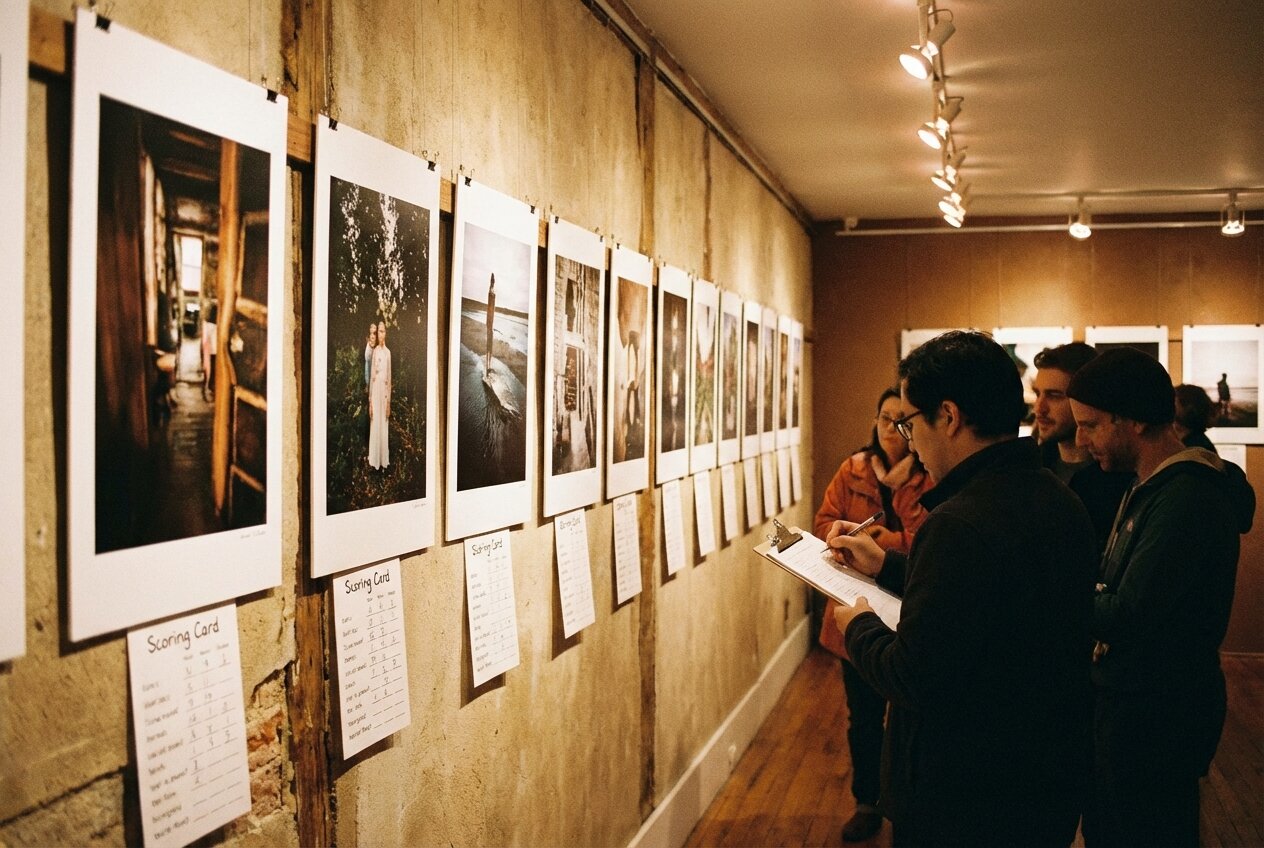 Photography competition gallery with entries on display and scoring cards