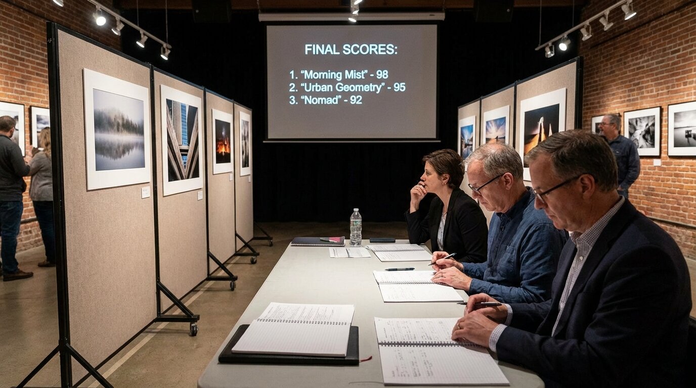 Display photography contest rankings with a live multi-score leaderboard. For the judging tool itself, use scorejudge.com.
