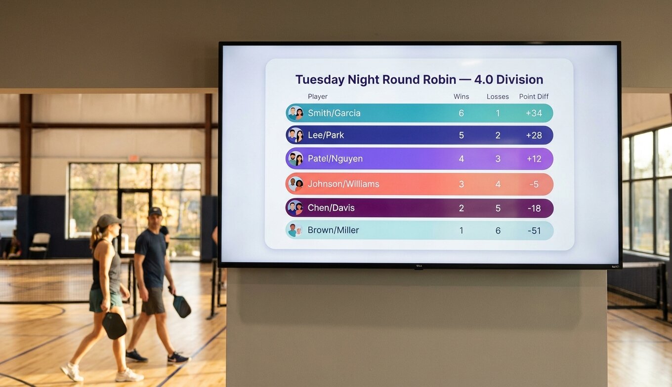 Pickleball round robin leaderboard showing wins, losses, and point differential
