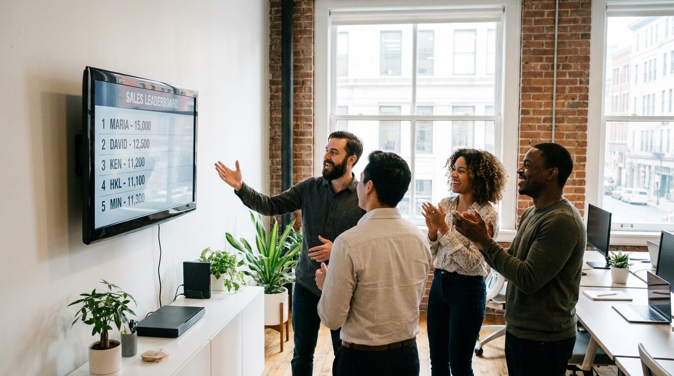 Small sales team viewing a leaderboard on a wall screen