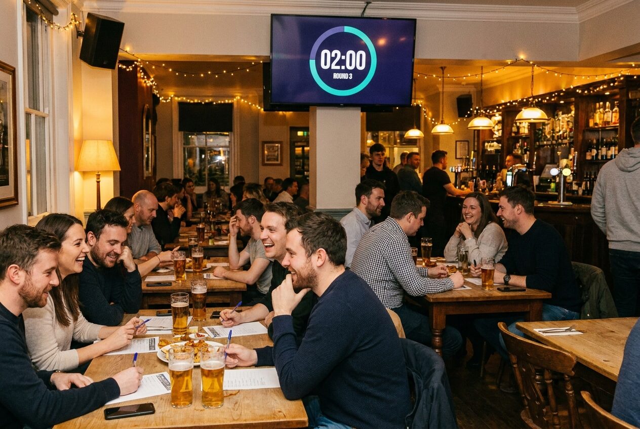 Pub quiz night with a round countdown on the bar TV
