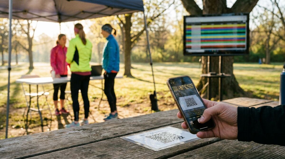 Event attendees scanning a QR code to add themselves to a live leaderboard