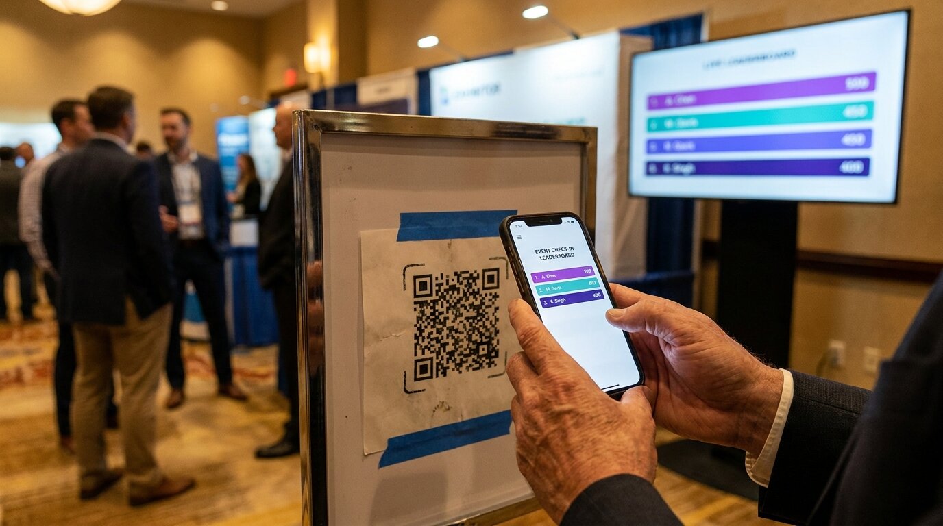 A conference attendee scanning a QR code checkpoint with their phone, a live event check-in leaderboard on the screen behind them