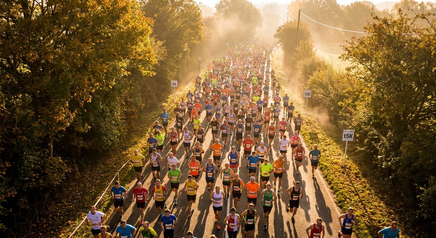 A charity run event with runners on a scenic course