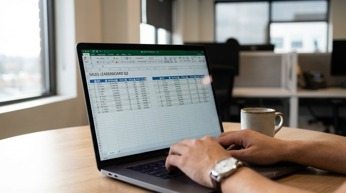 A sales manager maintaining a multi-column leaderboard in Excel, with multiple tabs and manual data entry