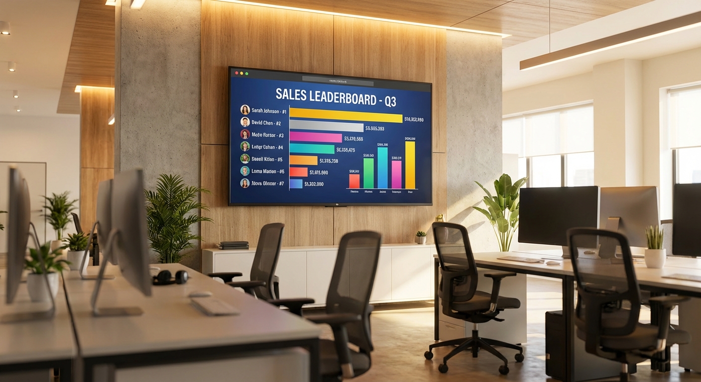 Sales leaderboard displayed on a large TV in an office