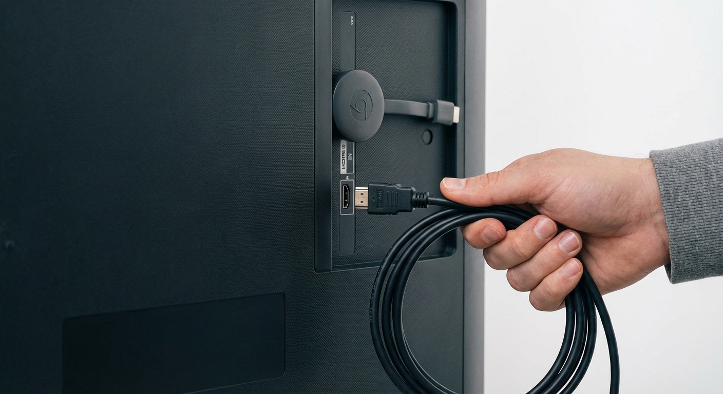 Chromecast dongle plugged into TV HDMI port