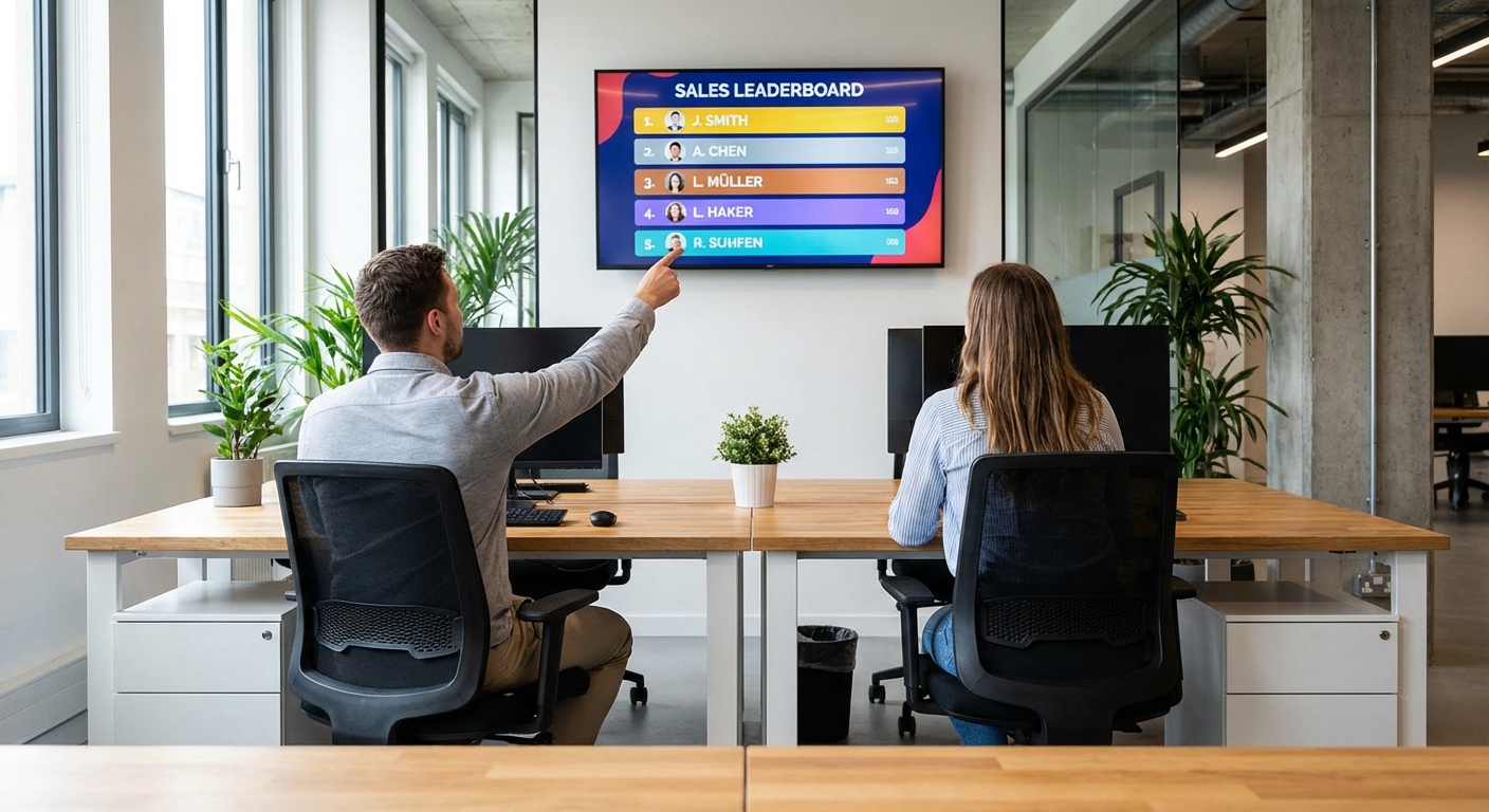 Team members looking at a wall-mounted sales leaderboard TV