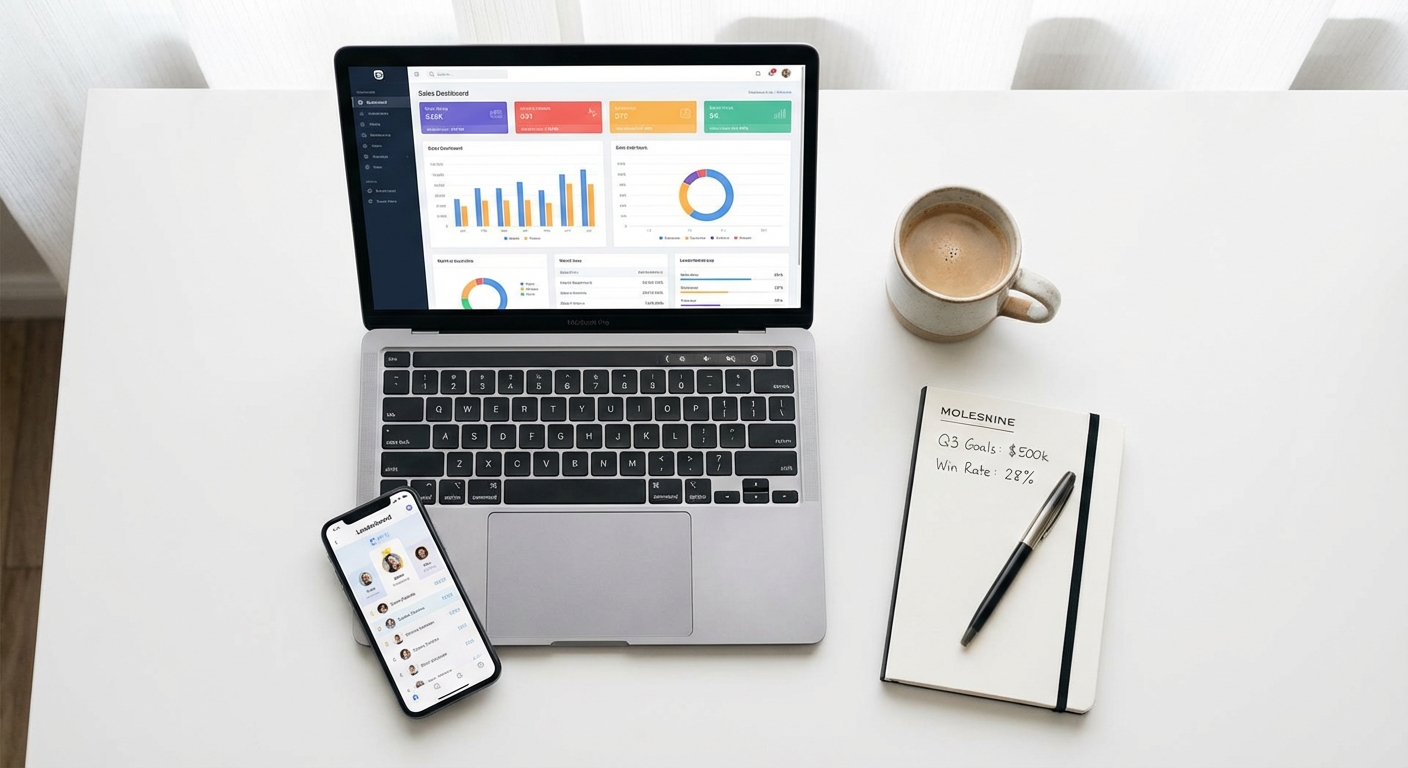Laptop and phone showing a sales leaderboard dashboard
