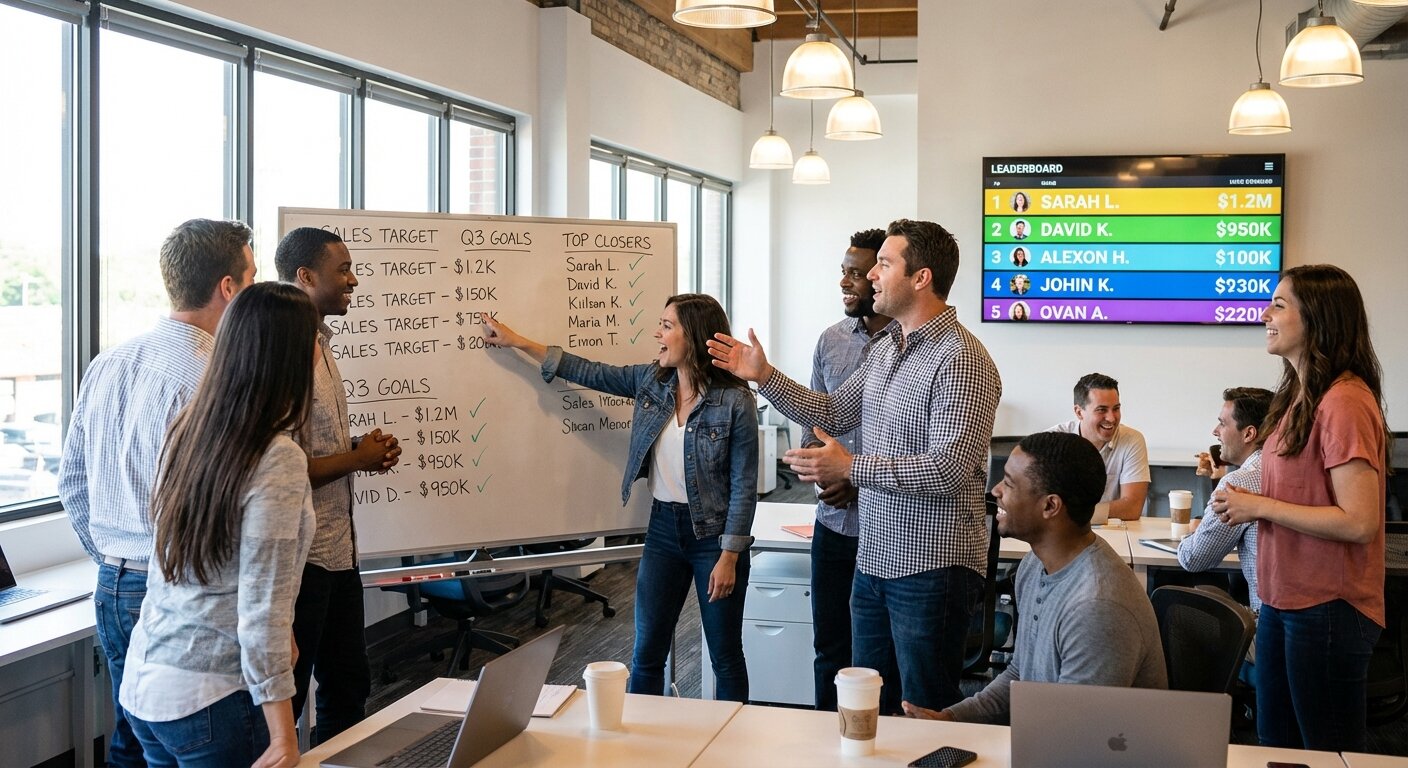 Sales team reviewing contest standings on office monitor