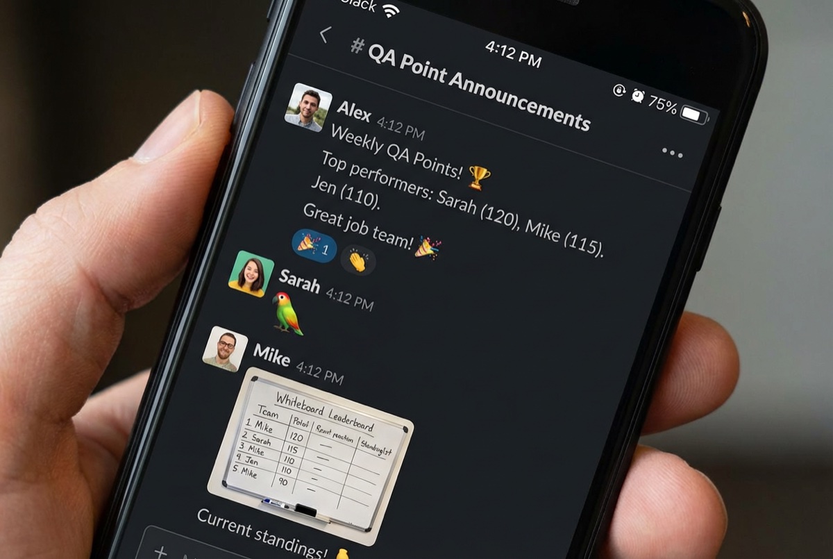 Slack channel showing point announcements and embedded leaderboard screenshots