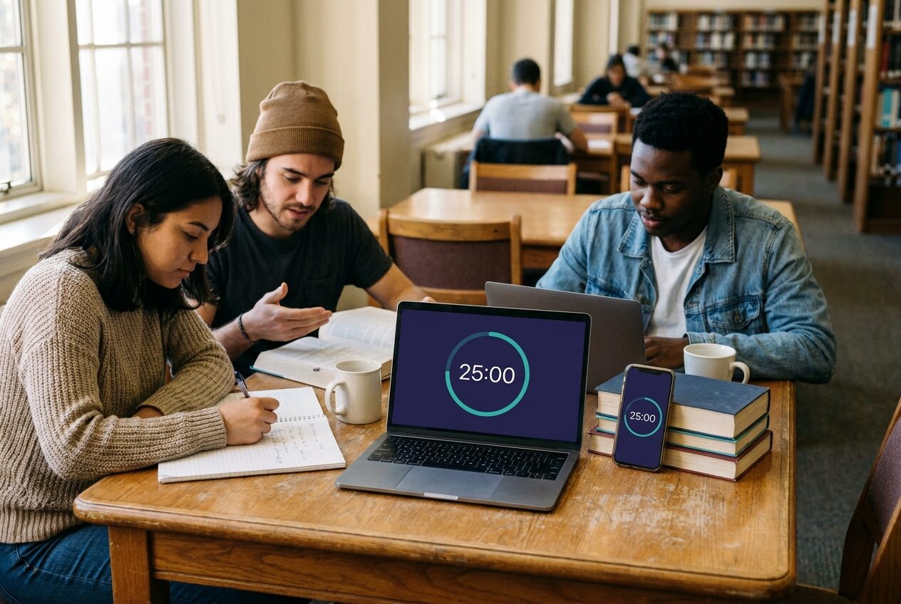 Study group sharing one synced pomodoro timer across a laptop and phone