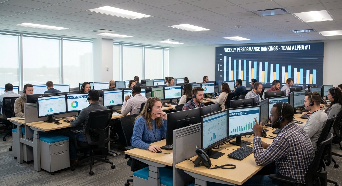 Support team performance dashboard on office screen