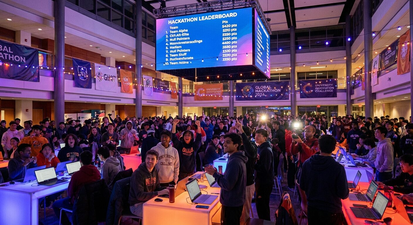 University students watching a live competition leaderboard on a large display