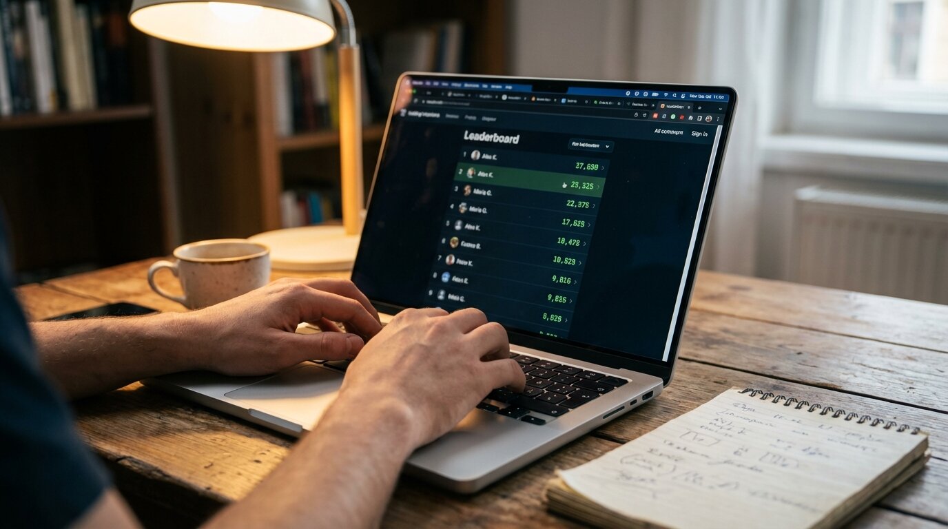 Hands updating a live competition leaderboard on a laptop, with participant scores visible on screen