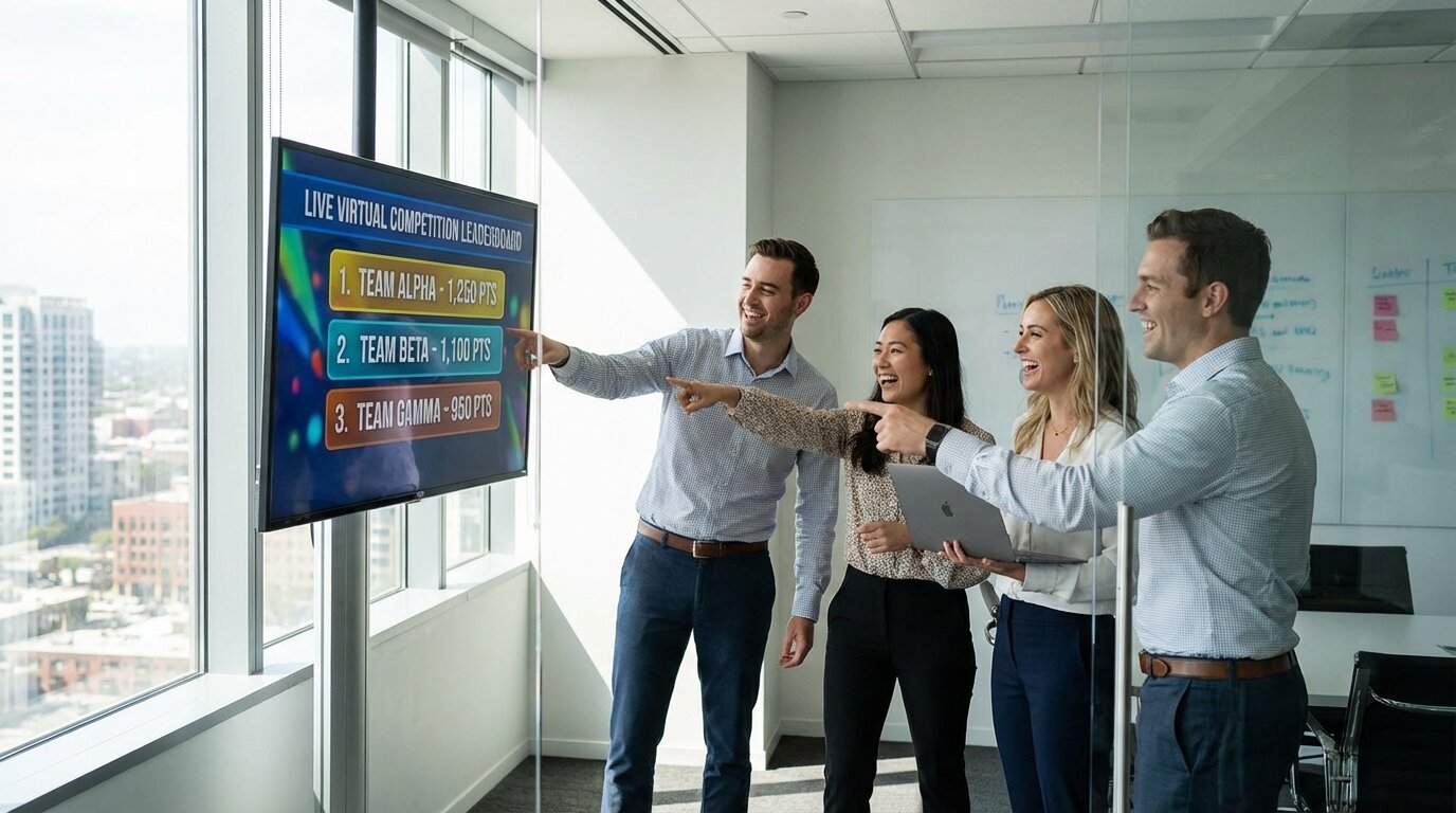 A corporate team watching a live virtual competition leaderboard on a conference room TV screen