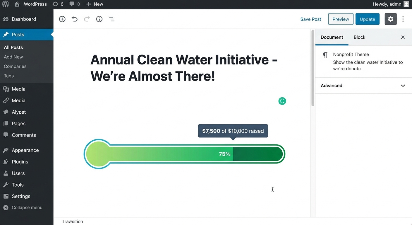 Embed a live donation counter on your WordPress site using a free plugin. Real-time fundraising thermometer for nonprofits, churches, and schools.