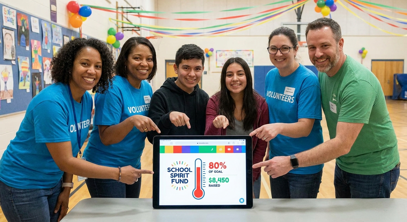 Volunteers at a fundraising event tracking donations on a tablet