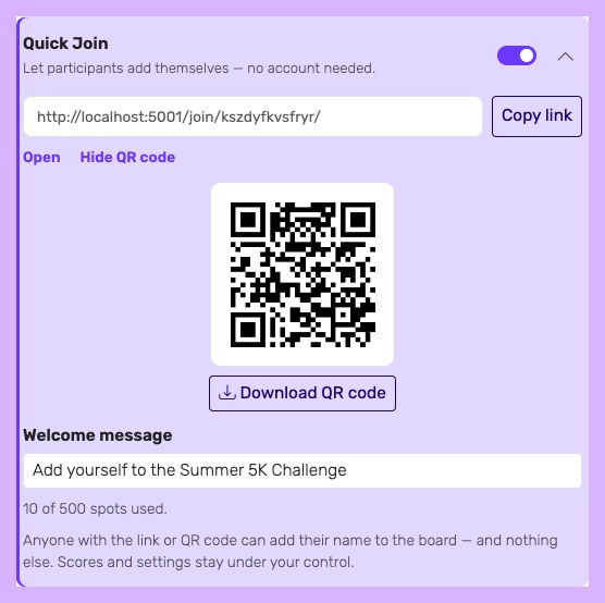 The Quick Join section of the Share dialog, with the join link and QR code