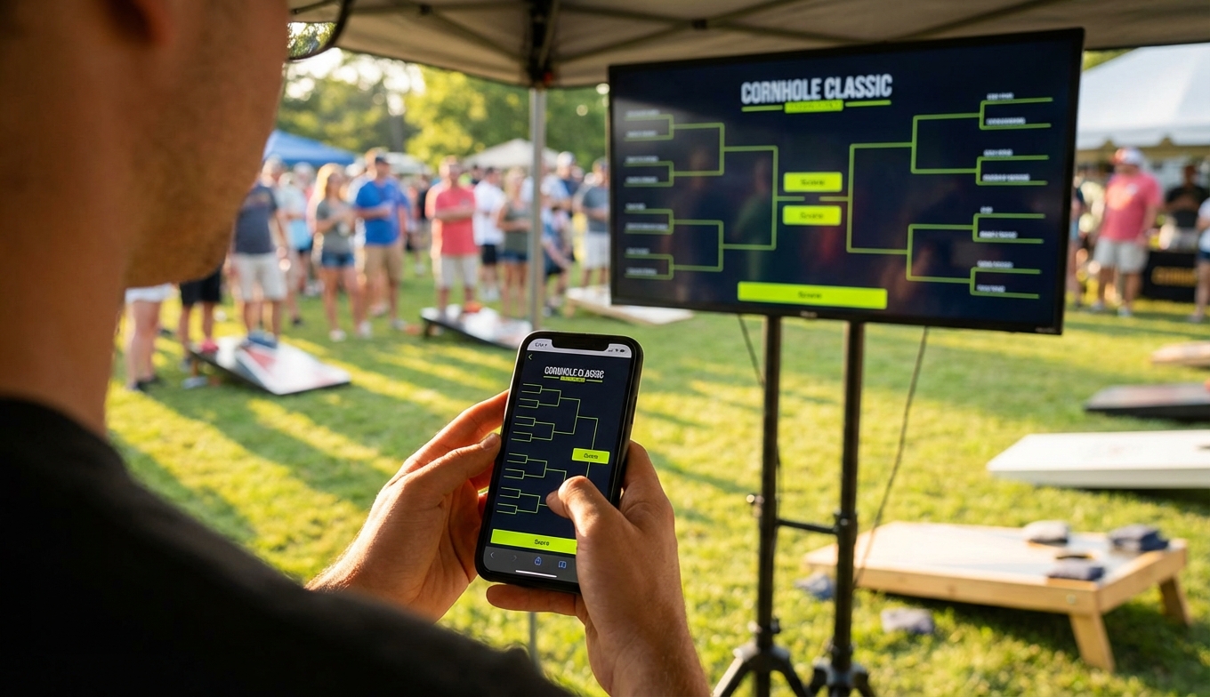 Feature screenshot: Community cornhole tournament bracket on outdoor display with phone scoring
